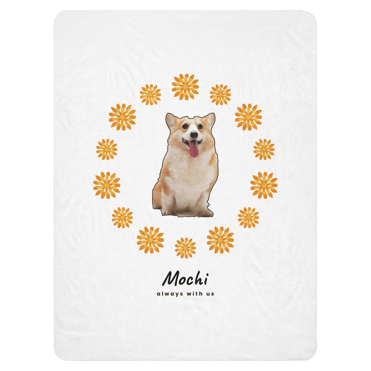 Pet memorial blanket, corgi inside a marigold wreath with his name Mochi and always with us, 60x80 sherpa