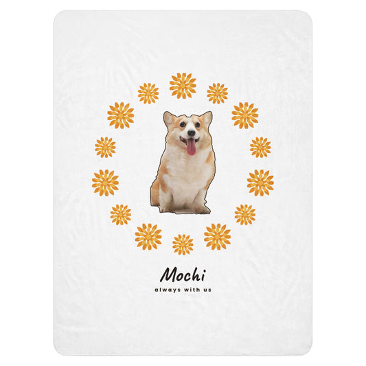 Pet memorial blanket, corgi inside a marigold wreath with his name Mochi and always with us, 60x80 sherpa