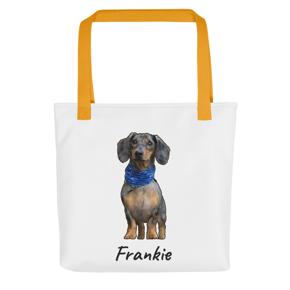 Custom pet photo tote bag with a dachshund printed on the front, all-over print 15x15