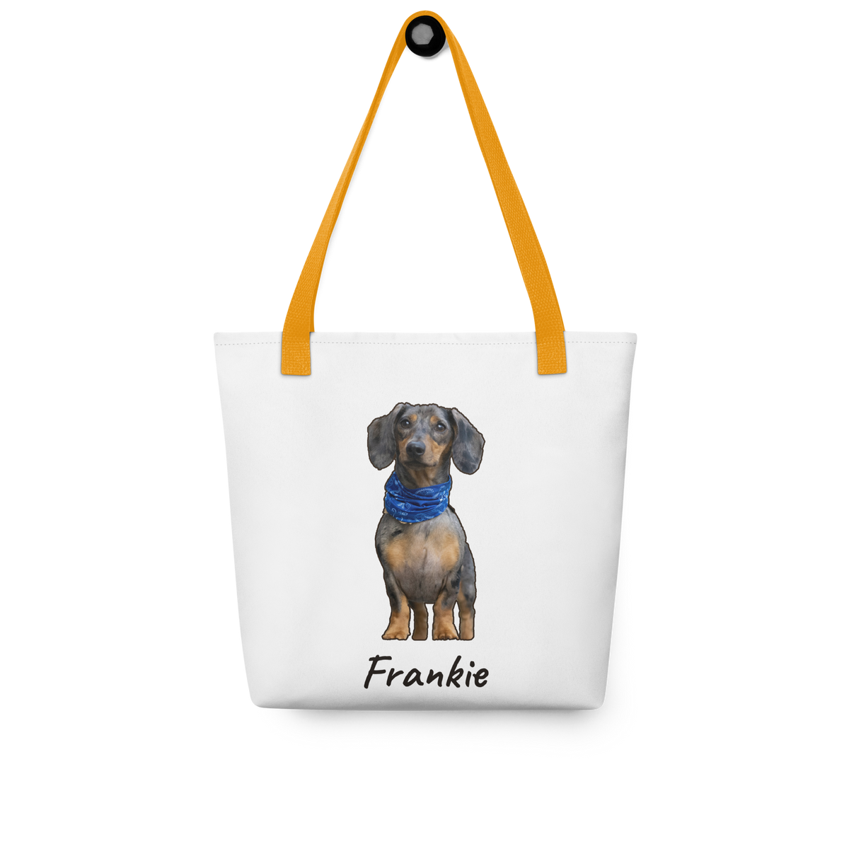 Personalized dachshund photo tote bag hanging on a hook, dog dad gift