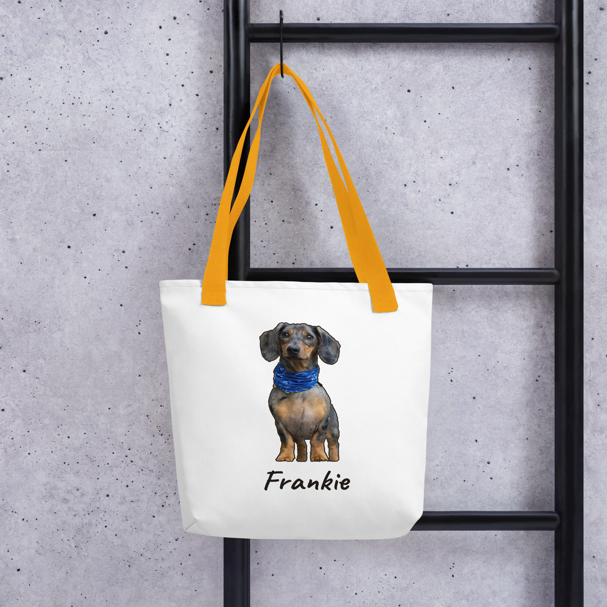 Custom dog photo tote bag styled on a wooden ladder, dachshund print
