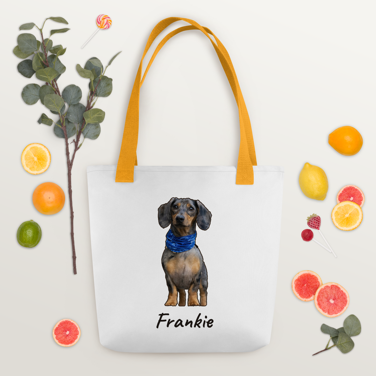 Dachshund photo tote bag carried outdoors in spring, personalized dog lover gift