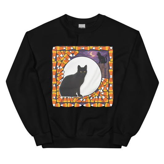 Custom pet candy corn sweatshirt in black, cat under a full moon framed by a candy-corn border