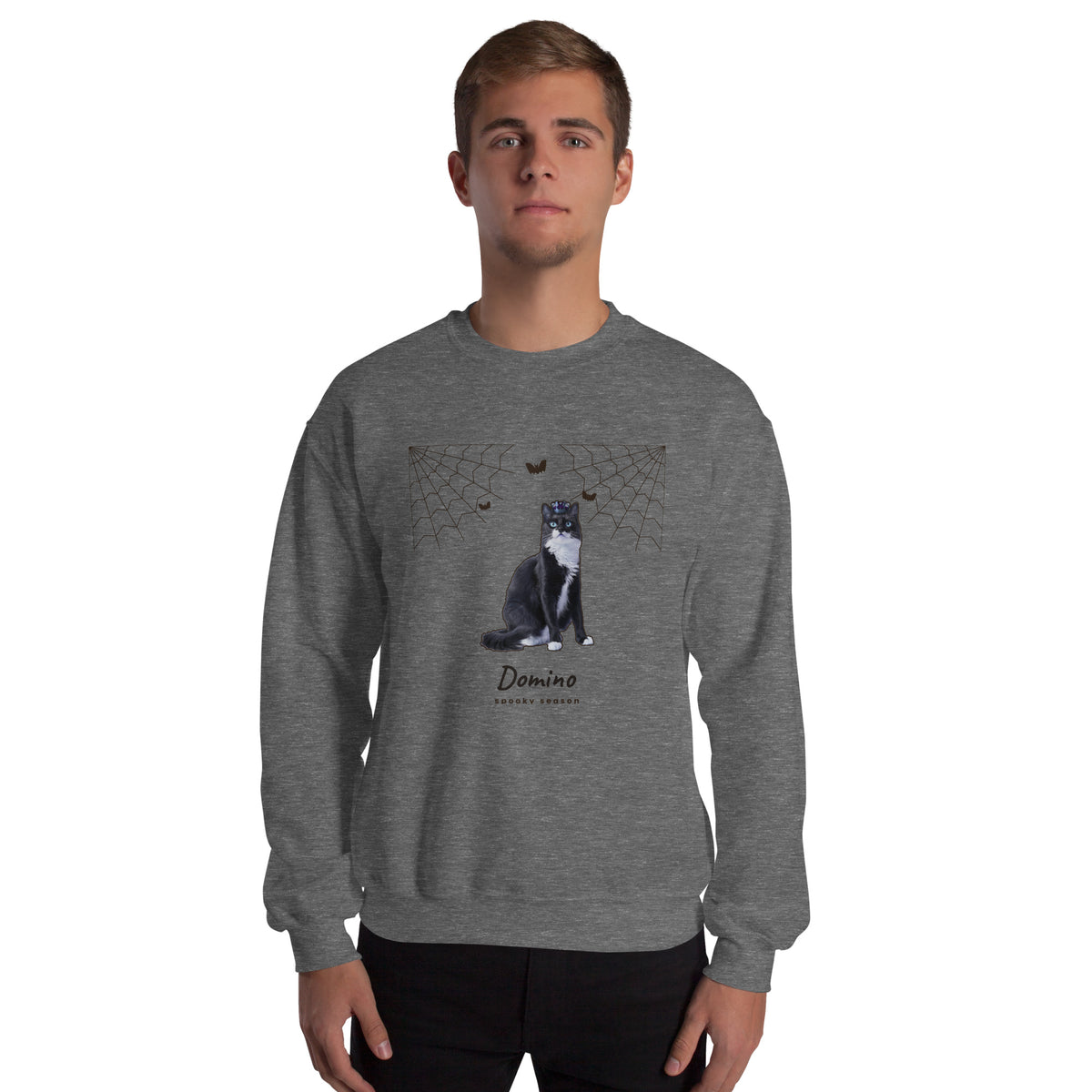 Man wearing a Graphite Heather custom pet Halloween sweatshirt with his cat printed on the front