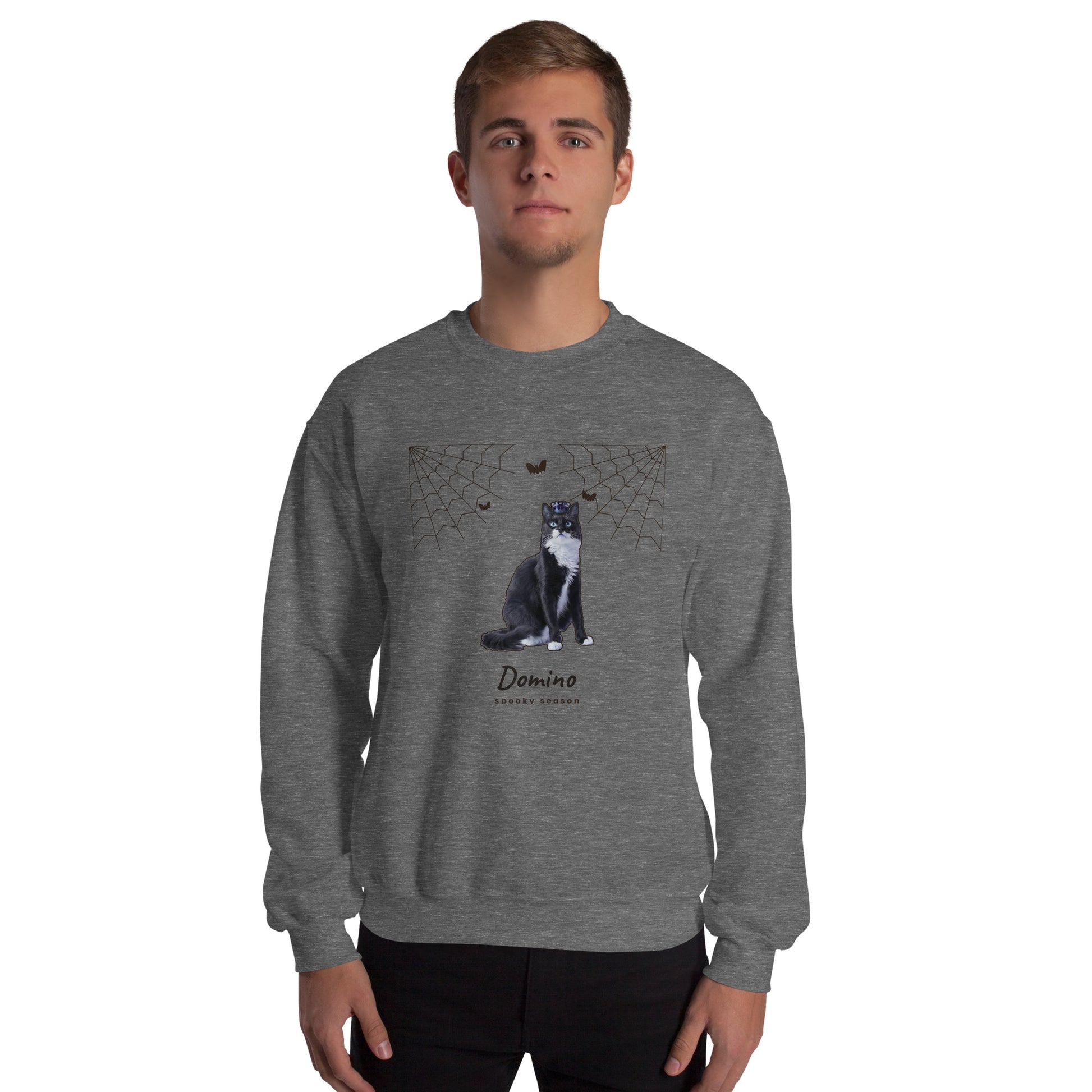 Man wearing a Graphite Heather custom pet Halloween sweatshirt with his cat printed on the front