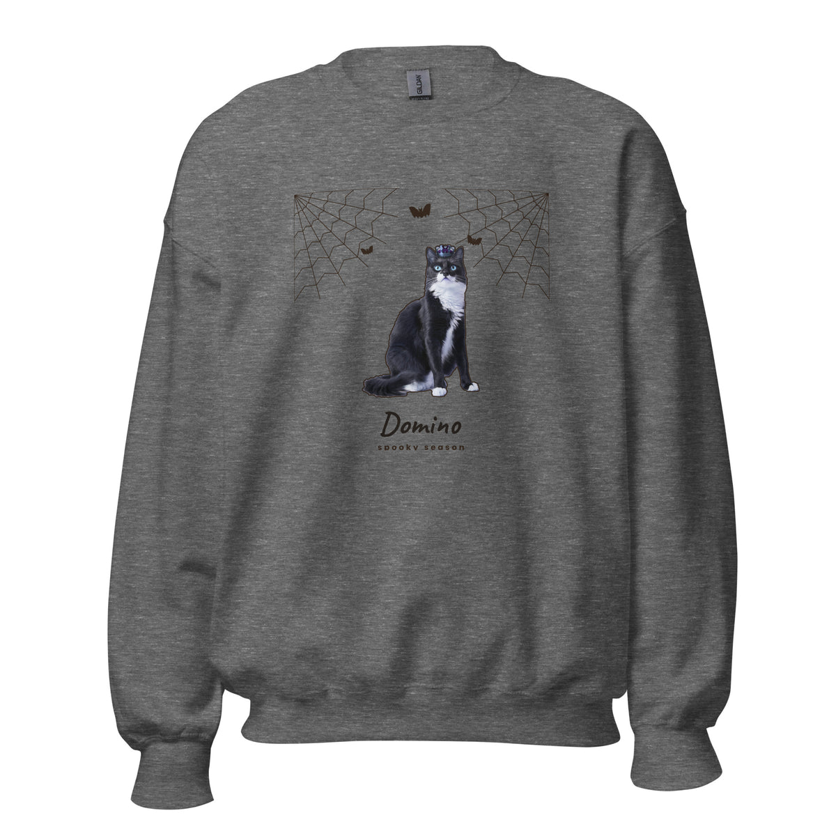 Custom pet Halloween sweatshirt in Graphite Heather, tuxedo cat framed by hand-drawn cobwebs with his name