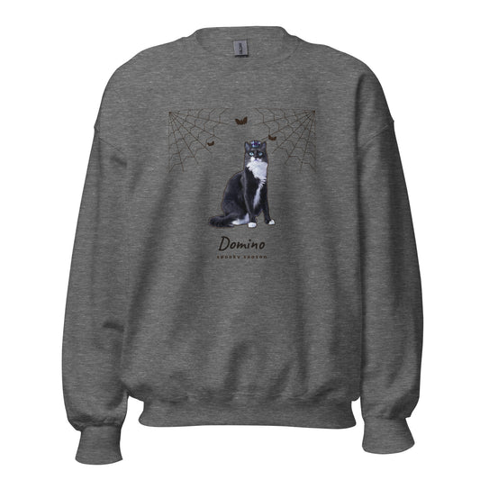 Custom pet Halloween sweatshirt in Graphite Heather, tuxedo cat framed by hand-drawn cobwebs with his name