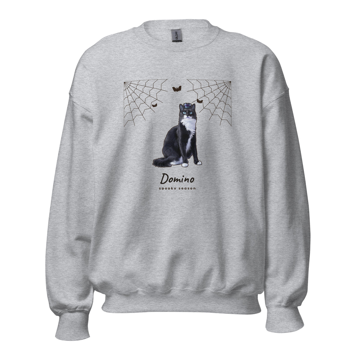 Personalized Halloween crewneck in Sport Grey, cat printed with cobwebs, cat mom gift