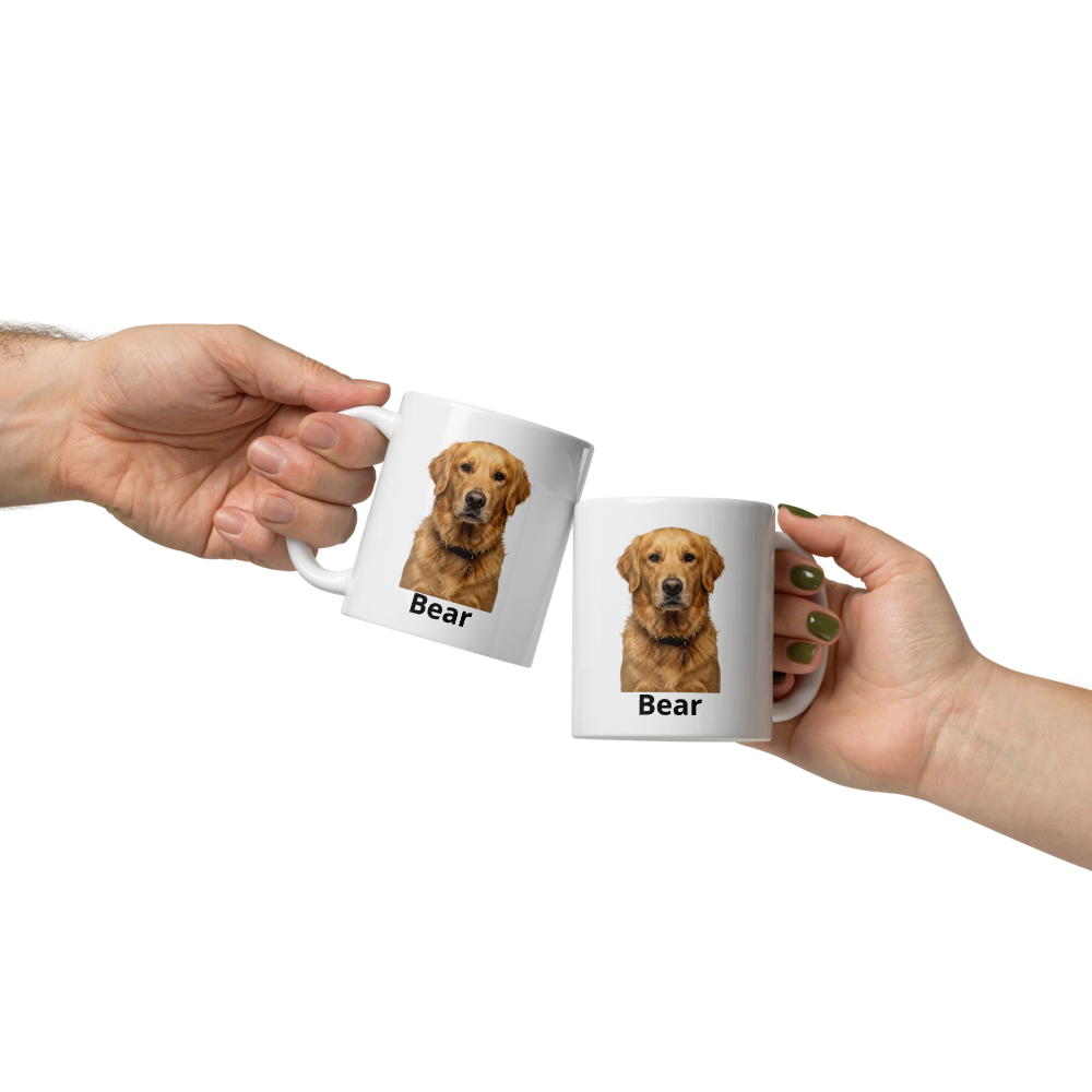 Custom pet photo mug front view with personalized golden retriever design