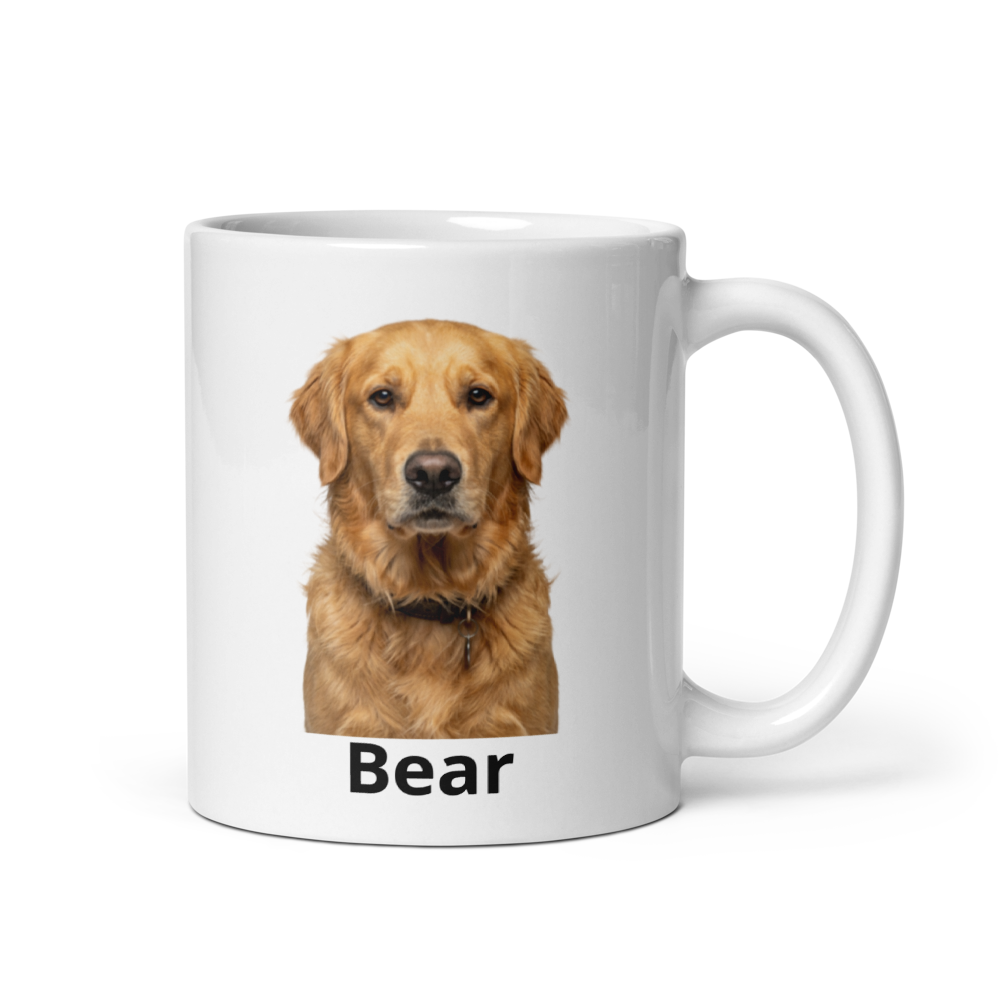Custom pet photo coffee mug - right handle view showing full design