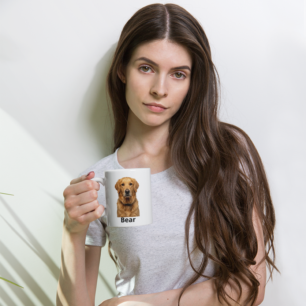 Woman holding custom pet photo mug with golden retriever design and pet's name