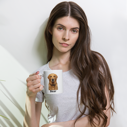 Woman holding custom pet photo mug with golden retriever design and pet's name